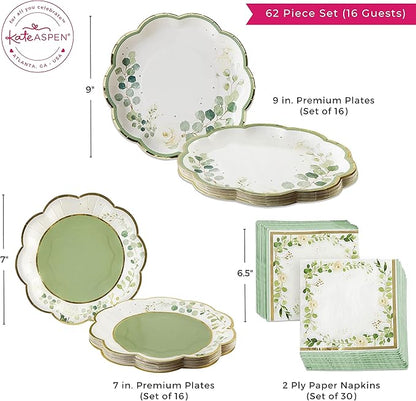 Kate Aspen Sage Green Party Decorations, Eucalyptus Floral Botanical Garden 62 Piece Plates and Napkins Party Supplies (16 Guests) Greenery Baby Shower Decorations & Bridal Shower Decor
