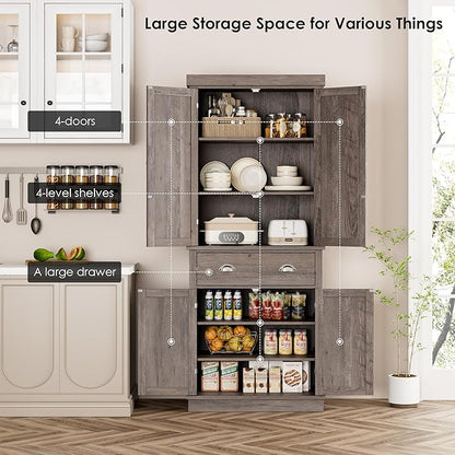 FOTOSOK 72" Kitchen Pantry Storage Cabinets with Drawer, Freestanding Cupboard with 4 Doors, Drawer, 4 Shelves, Utility Pantry Cabinet for Kitchen, Dining Room, Living Room, Ash Grey