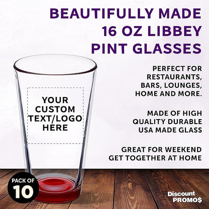 Custom Libbey Pint Glass 16 oz. Set of 10, Personalized Bulk Pack - Beer Glasses, Heavy Duty Drinkware - Red