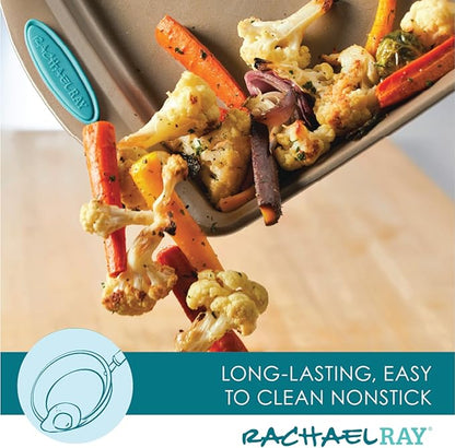 Rachael Ray 47578 Cucina Nonstick Bakeware Set with Grips Includes Nonstick Bread Pan, Baking Sheet, Cookie Sheet, Baking Pans, Cake Pan and Muffin Pan - 10 Piece, Latte Brown with Agave Blue Grips