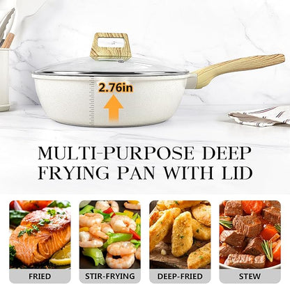 GiPP Nonstick Deep Frying Pan Skillet, 9.5" Saute Pan with Lid, Granite Induction Cookware Non Stick Cooking Pan, PFOA PFOS APEO Free, White
