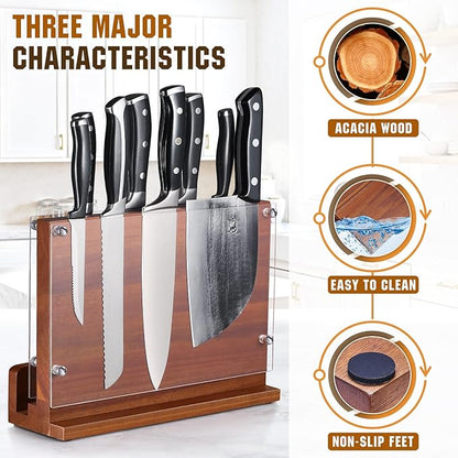 ENOKING Magnetic Knife Block with Acrylic Shield 12 x 9 Inches, Double Side Kitchen Knife Holder without Knives- Acacia Wood Universal Knife Storage Organizer with Powerful Magnet for Kitchen Counter