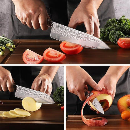 KEEMAKE Kitchen Knife Set 3-pcs - Chef Knife Set with 3-layer Japanese 9CR18MOV Clad Steel Blade, Sharp Knives Set for Kitchen with Octagon Rosewood Handle Kitchen Knives