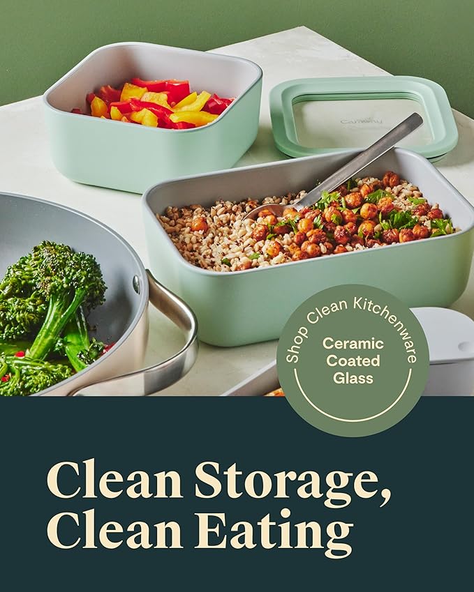 Caraway 6pc Glass Food Storage Set – 6.6 Cup Food Containers (6) - Ceramic Coated - Non Toxic, Non Stick with Lids - Microwave Safe - Sage