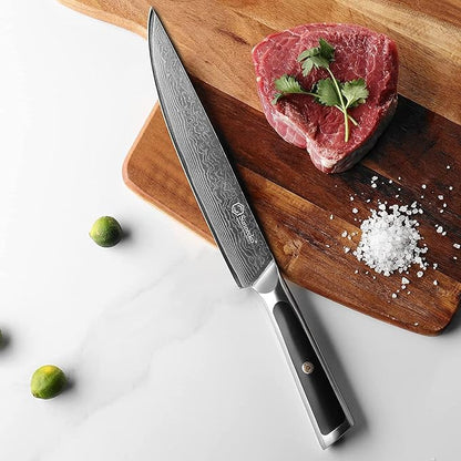 Sunnecko Damascus Kitchen Knife 8 Inch Carving Knife for Meat Slicing Knife Japanese VG10 Steel,Full Tang