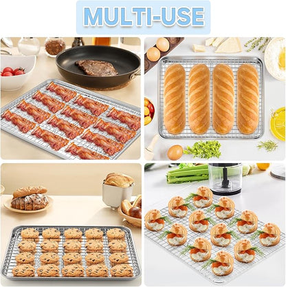 TeamFar Baking Sheet with Rack, 16 x 12 x 1 Inch Stainless Steel Cookie Baking Pan Tray with Grid Rack for Baking Roasting Cooling, Healthy & Heavy-Duty, Oven & Dishwasher Safe