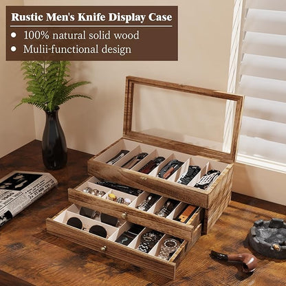 Knife Display Case, 3-Layer Pocket Knife Case Display & Storage Knives, Solid Wood Knife Case for Collections, Gift for Boyfriend Fathers Day Birthday Gifts(Brown)