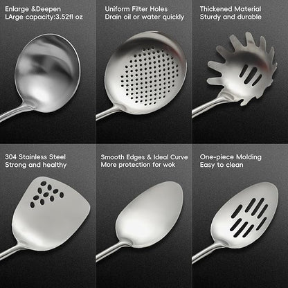 Stainless Steel Kitchen Utensils Set with Wood Handle, 18/10 Metal Cooking Utensils Set, 6-Piece - Spatula, Spoon, Ladle, Skimmer, Slotted Spoon, Pasta Server (Dishwasher Safe)