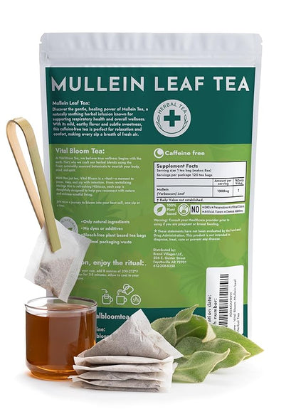 Vital Bloom Mullein Leaf Tea, 120 Tea Bags, 100% Pure Mullein Leaves, support for Lungs Cleanse and Respiratory Support, Bleach Free Tea Bags, Non GMO (Free Tongs Included)