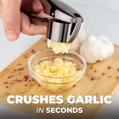 Zulay Kitchen Large Premium Garlic Press Set – Rust Proof & Dishwasher Safe, Bigger Bowl Garlic Mincer Tool with Silicone Garlic Peeler & Brush, Easy Squeeze & Clean, Ergonomic Handle - Dark Gray