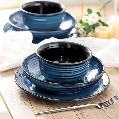 Hasense Ceramic Plates and Bowls Dishes Set, 12 Pieces Handmade Reactive Glaze Dinnerware Set of 4 (Plates, Pasta bowls, Cereal Bowls), Chip and Scratch Resistant Dinner Dishes Service, Blue