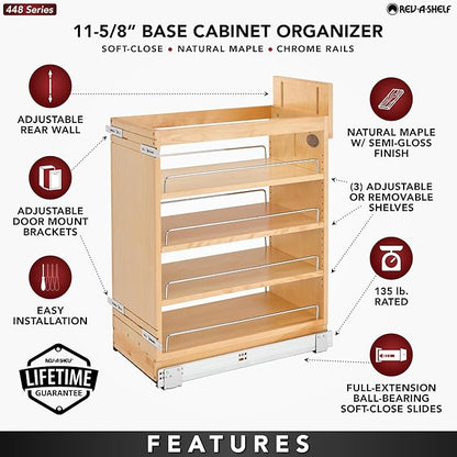 Rev-A-Shelf 11" Pull Out Storage Organizer for Base Kitchen/ Bathroom Cabinets w/ Soft-Close Full Extension Slides & Adjustable Shelves, 448-BCSC-11C