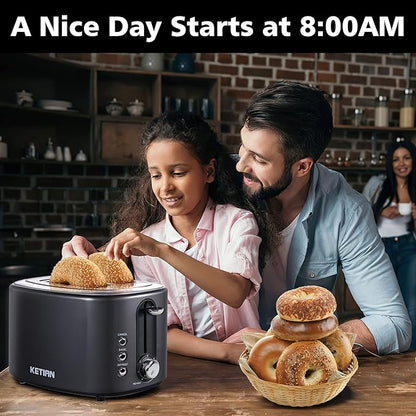 2 Slice Toaster with Cover,KETIAN Retro Stainless Steel Toasters,1.5'' Extra Wide Slot,Cancel Bagel Defrost Reheat Functions, 6 Toast Browning Settings, Removable Crumb Tray,Black