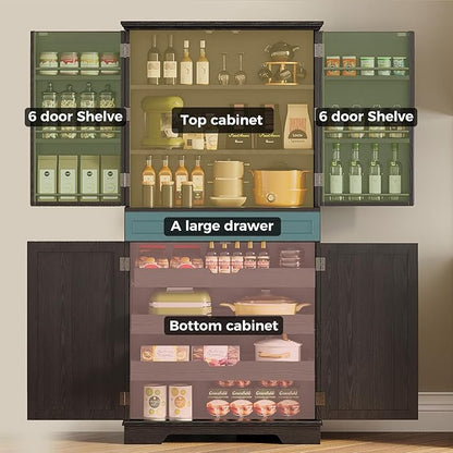 IRONCK Farmhouse Kitchen Pantry Cabinet, 72" Height Tall Freestanding Cupboard with Sliding Storage Rack and 6 Hanging Shelves for Kitchen, Dining Room, Black