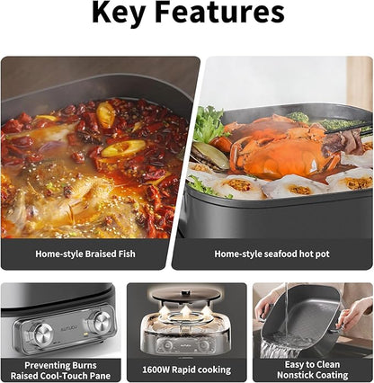 Electric Skillet 6-Quart Hot Pot Nonstick - PFOA-Free Ceramic Coating Pot, 1600W, Timer & 3 Power Settings for Steak, Egg, Ramen