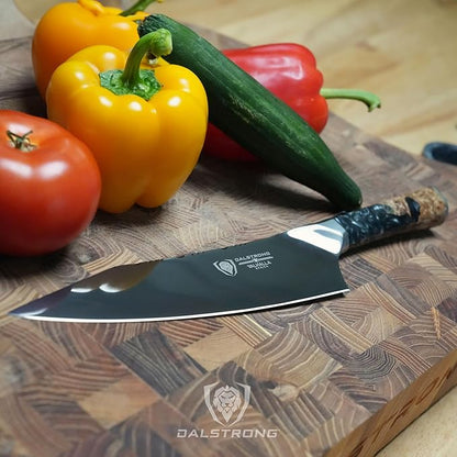 DALSTRONG Chef Knife - 8 inch - Valhalla Series - Ravenstone Black Blade Titanium Coated - Premium 9CR18MOV HC Steel - Resin & Wood Handle - Razor Sharp - Kitchen Cooking Chef's Knife - Leather Sheath