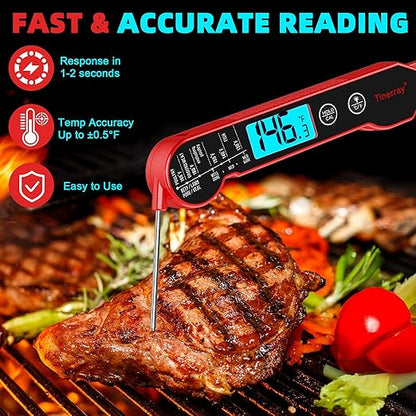 Digital Meat Thermometer for Cooking – Waterproof Instant Read Food Thermometer with Backlight & Calibration, Fast Read, Folding Probe for BBQ, Grill, Candy, Deep Fry, Kitchen, Liquids, Beef（Red）