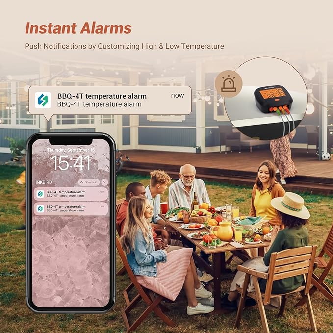 INKBIRD WiFi Meat Thermometer IBBQ-4T, Wireless WiFi BBQ Thermometer for Smoker, Oven | APP Calibration Temp Graph | Mobile Notification Timer Alarm | Rechargeable Digital Grill Thermometer, 4 Probes