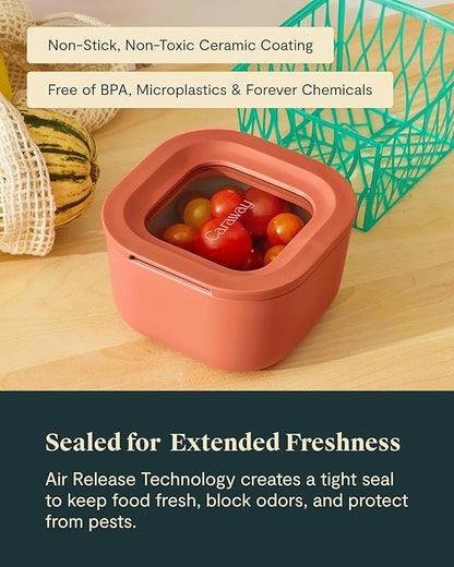 Caraway Mini Square Food Storage Container - 1.75 Cup Glass Storage Container for Food - Non-Toxic Ceramic-Coated Glass - Air Release Technology - Compact & Stackable Design - Perracotta