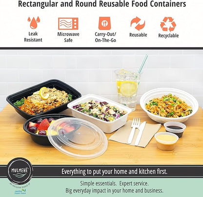 MULMEHË Plastic Food Storage Take-Out Container and Lid Combo, 38 oz, Microwaveable, Rectangular, Black, 8.5x6x2, Set of 150