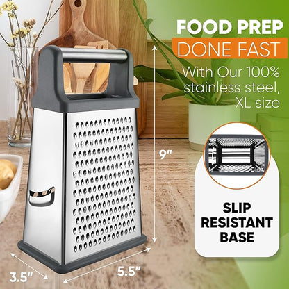 Spring Chef Professional Cheese Grater - Stainless Steel Box Grater for Kitchen, XL Size, 4 Sides - Perfect Shredder for Parmesan Cheese, Carrot, Potato, Ginger - Dishwasher Safe - Gray