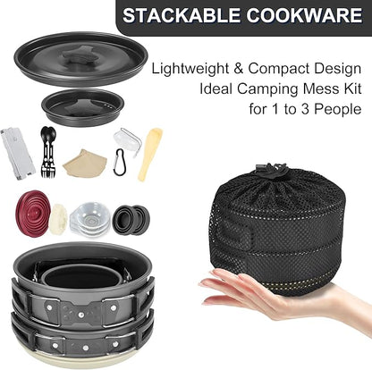 Camping Cooking Cookware Mess Kit - Non-Stick Lightweight Pot Pan Kettle Set with Collapsible Pour Over Coffee Dripper, Outdoor Kitchen Cook Essentials Gear for Camping Hiking Picnic