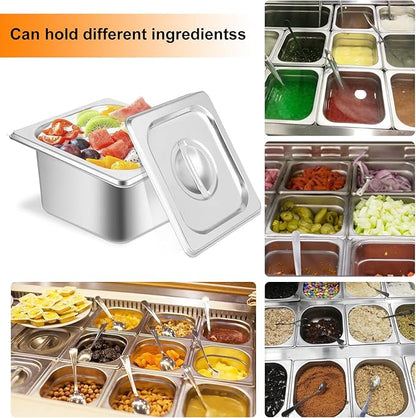 6 Set Hotel Pan 1/6 Size 4 Inch Deep Stainless Steam Table Pans with Lids Stackable Commercial Anti Jam Metal Steam Tray Catering Food Storage Steel Pan for Hotel Restaurant Buffet Party Supplies