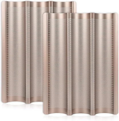 Hesanzol Baguette Pans for Baking 15" x 11", Carbon Steel 3 Loaf Nonstick Baguette Baking Tray for French & Italian Perforated French Bread Pan (2pack - Gold)