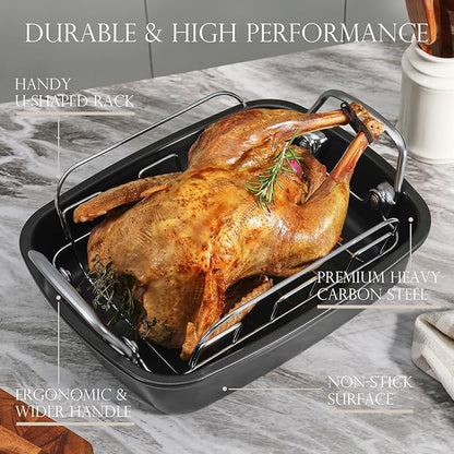 KITESSENSU Nonstick Turkey Roasting Pan with Rack, Gold