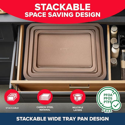 BAKKEN 3-Piece Kitchen Baking Pans - Small, Medium, and Large Cookie Pan, With Nonstick Coating, Stackable and Space-saving Design, PFOA, PFOS, PTFE Free, Oven Safe Tray (Up To 450°F), Brown