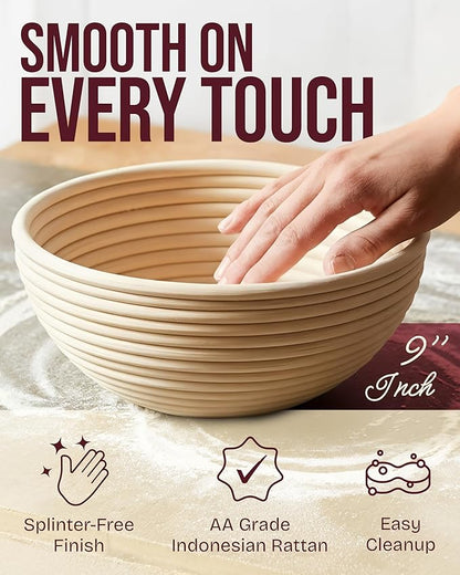 Superbaking Banneton Bread Proofing Basket Set with Silicone Dough Sling, 9" Splinter-Free Proofing Basket, Non-Stick Dutch Oven Liner, Sourdough Starter Kit, Sourdough Bread Baking Supplies & Tools