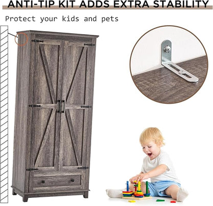 Farmhouse Kitchen Pantry Cabinet, 72" Tall Storage Cabinet with Adjustable Shelves & Barn Doors, Freestanding Kitchen Cupboard for Dining Room, Living Room, Gray
