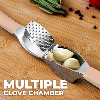 Zulay Kitchen Comfort Grip Garlic Press - Garlic Mincer Tool - Garlic Crusher - Garlic Press Mincer Rust Proof, with Soft Ergonomic Handle, Easy Clean Set with Peeler and Brush - Light Pink