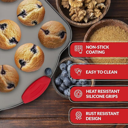 Boxiki Kitchen 24 Cup Mini Muffin Pan with Silicone Handles | Professional Non-Stick Cupcake Pan for Muffins, Cupcakes, Egg Bites, and More