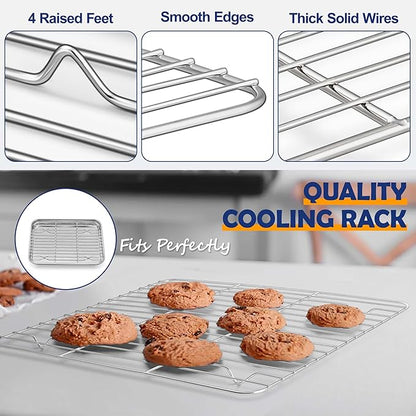 9 Inch Baking Sheet Pan with Rack Set, Joyfair Stainless Steel Toaster Oven Pans Tray & Cooling Racks for Cookie/Jelly Roll/Bacon/Meat, Commercial Metal & Rust-free, Dishwasher Safe