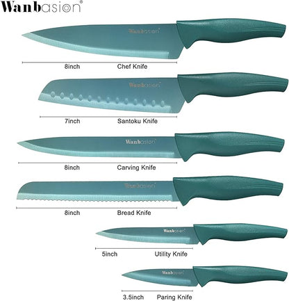 Wanbasion Green Professional Kitchen Knife Set, Stainless Steel, Dishwasher Safe with Sheathes