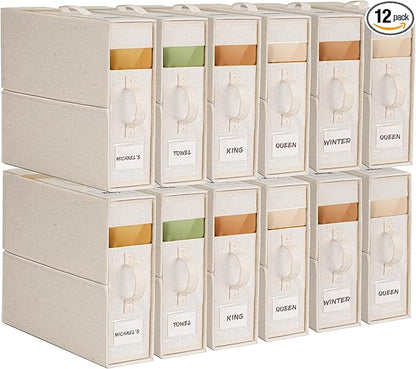 12Pack Linen Sheet Organizers for Linen Closet - King/Queen Size Bedding Storage Boxes with Clear Window | Foldable, Dustproof Sheet Storage Organizer for Blankets & Sheet Sets,Off-white