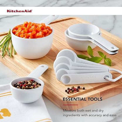 KitchenAid Universal Easy To Read Measuring Cup and Spoon Set with Soft Grip Handle for Maximum Control, Hang Hole and Nesting For Easy Storage, Dishwasher Safe, 9 Piece, White