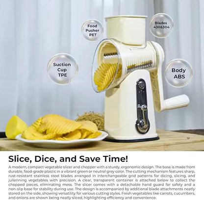 Chef Power Premium Quality 5 in 1 Cheese Grater Hand Crank - Stainless Steel Rotary Cheese Grater for Effortless Grating - Durable and Ergonomic Design for Professional and Home Use (Beige)
