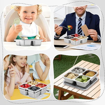 4 Pack Stainless Steel Snack Containers with Lids 4 Compartment Lunch Box for Adults & Kids Meal Prep Bento Box Containers Reusable