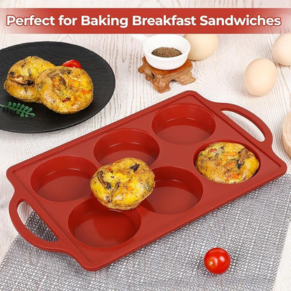 CAKETIME Muffin Top Pan, 3 Inch Metal Reinforced Frame Silicone Egg Molds for Breakfast Sandwiches Non Stick Round Silicone Egg Pan for Baking English Muffins, Whoopie Pies, Corn Bread, Tarts Brown