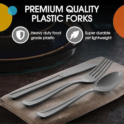 Party Solids Silver Plastic Silverware Heavy Duty 150 Pieces Silver Plastic Cutlery Sets, Utensil Sets, 50 Of Each Forks, Knives & Spoons Disposable Cutlery Set, Flatware Set For Party Supplies