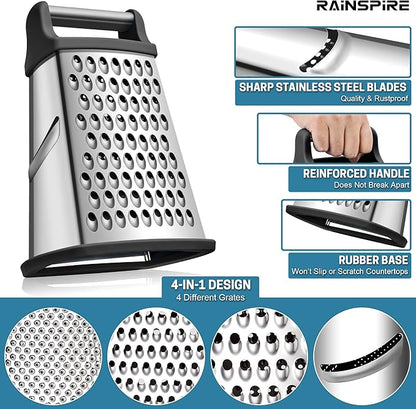 Rainspire Professional Box Grater, Cheese Grater Box for Kitchen Stainless Steel with 4 Sides, Cheese and Spice Graters with Handle for Vegetables, Ginger, Potatoes, Black