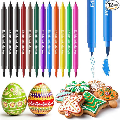 Jewem Edible Markers for Cookie Decorating,12Pcs Food Coloring Pens, Double Side Food Grade Pens with Fine & Thick Tip for Decorating Fondant, Cakes, Cookies, Easter Eggs, Frosting, Macaron, Halloween, Christmas