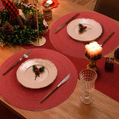 FunWheat Round Placemats Set of 6 Table Mats for Dining Tables Washable Non-Slip Place mats 15 Inch for Christmas(Red Shine)