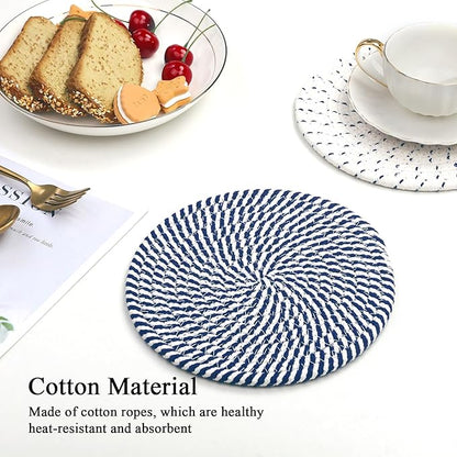 SHACOS 8 Inches Trivets for Hot Dishes, 4 Pieces Cotton Trivets Mats for Kitchen, Hot Pads for Countertops and Table, Heat-Resistant Pot Holders for Hot Pots and Pans(Blue, 4pcs)