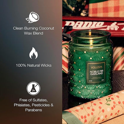 Voluspa Noble Fir Garland, Large Candle Jar, 18oz, Coconut Wax Blend, Christmas Scented Candles for Home, 100 Hour Burn Time, Poured in the USA