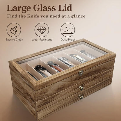Knife Display Case, 3-Layer Pocket Knife Case Display & Storage Knives, Solid Wood Knife Case for Collections, Gift for Boyfriend Fathers Day Birthday Gifts(Brown)