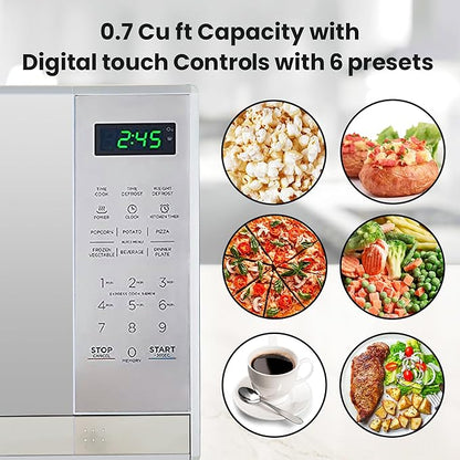 Total Chef 0.7 Cu Ft Microwave Oven - Countertop Small Kitchen Appliance, Stainless Steel Microwave with Digital Touch, Pre-Set Functions, 10” Turntable, 700 Watt