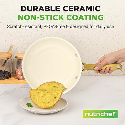 NutriChef 12" Large Ceramic Fry Pan - Non-Stick Ceramic Coated Skillet with Stylish Titanium Handle, Durable, Easy to Clean, Professional Cookware